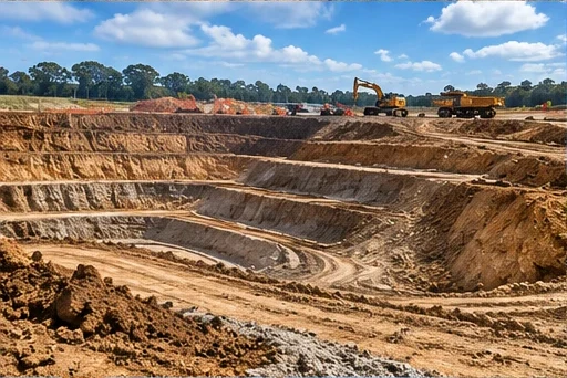 Bulk earthworks forming a stepped excavation
