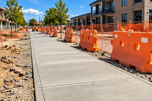 New concrete footpath beside safety barriers