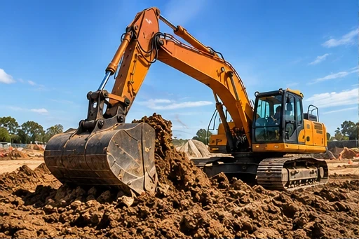 Excavator with its bucket resting on an earthworks site