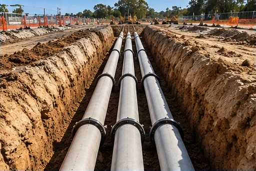 Underground pipes exposed in a service trench