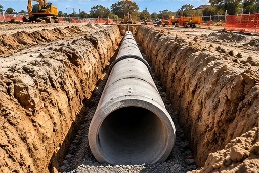 Large pipe laid in an open utility trench