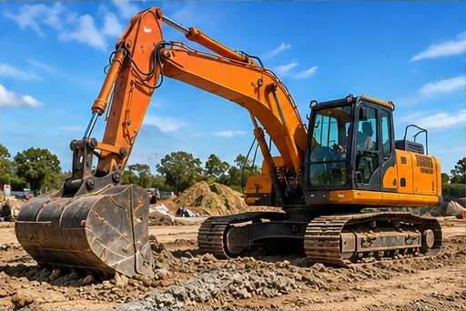Tracked excavator on an earthworks site